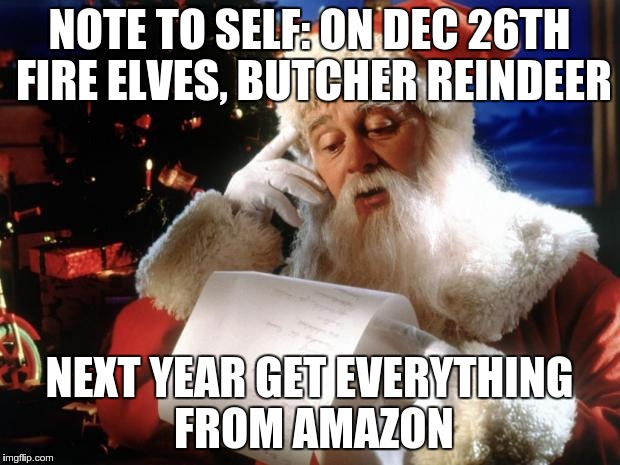 Santa's Post Christmas To-Do List | NOTE TO SELF: ON DEC 26TH FIRE ELVES, BUTCHER REINDEER NEXT YEAR GET EVERYTHING FROM AMAZON | image tagged in todo list,santa | made w/ Imgflip meme maker