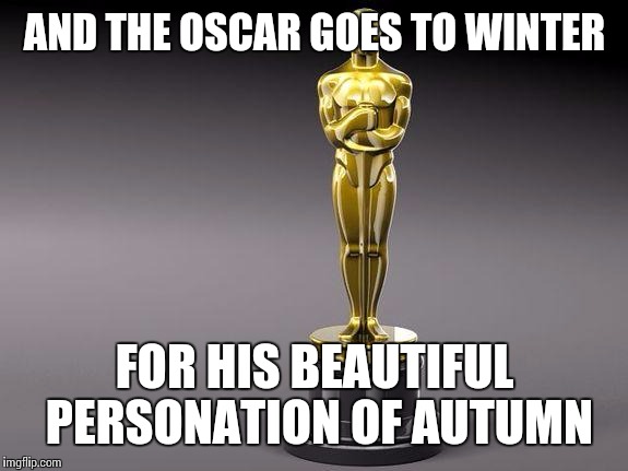 I know we aren't even halfway through winter, but there hasn't been any winter-like events where I live since December 1st | AND THE OSCAR GOES TO WINTER FOR HIS BEAUTIFUL PERSONATION OF AUTUMN | image tagged in oscar,no snow for me | made w/ Imgflip meme maker