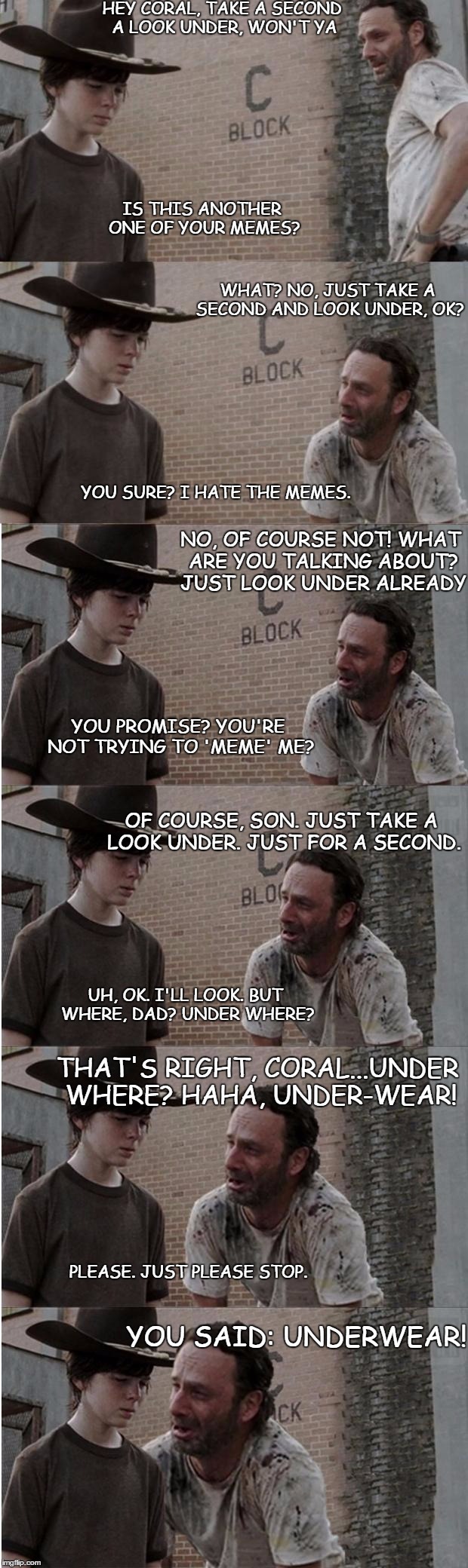 Rick and Carl Longer Meme | HEY CORAL, TAKE A SECOND A LOOK UNDER, WON'T YA IS THIS ANOTHER ONE OF YOUR MEMES? WHAT? NO, JUST TAKE A SECOND AND LOOK UNDER, OK? YOU SURE | image tagged in memes,rick and carl longer | made w/ Imgflip meme maker