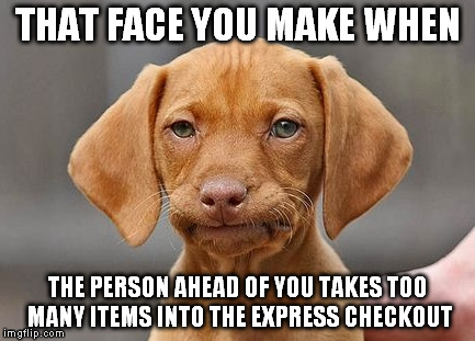 Annoyed Puppy | THAT FACE YOU MAKE WHEN THE PERSON AHEAD OF YOU TAKES TOO MANY ITEMS INTO THE EXPRESS CHECKOUT | image tagged in annoyed,puppy,express,checkout,memes | made w/ Imgflip meme maker