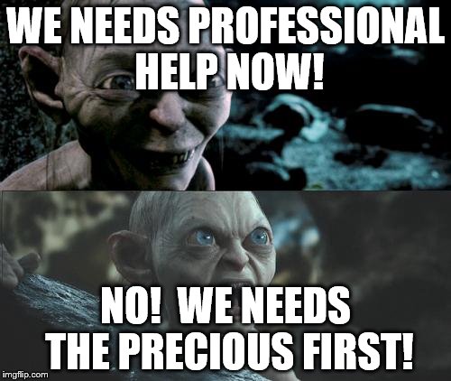 Gollum schizophrenia | WE NEEDS PROFESSIONAL HELP NOW! NO!  WE NEEDS THE PRECIOUS FIRST! | image tagged in gollum schizophrenia | made w/ Imgflip meme maker