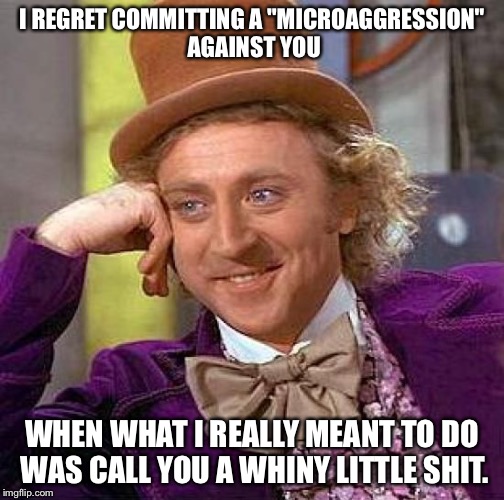 Microaggression  | I REGRET COMMITTING A "MICROAGGRESSION" AGAINST YOU WHEN WHAT I REALLY MEANT TO DO WAS CALL YOU A WHINY LITTLE SHIT. | image tagged in memes,creepy condescending wonka | made w/ Imgflip meme maker