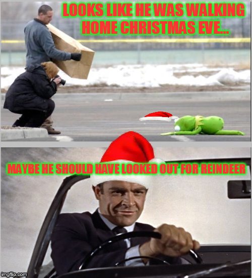 The Astin Martin Reindeer concept car. | LOOKS LIKE HE WAS WALKING HOME CHRISTMAS EVE... MAYBE HE SHOULD HAVE LOOKED OUT FOR REINDEER | image tagged in sean connery  kermit,memes,funny | made w/ Imgflip meme maker