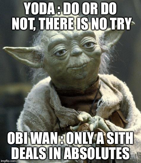 yoda | YODA : DO OR DO NOT, THERE IS NO TRY OBI WAN : ONLY A SITH DEALS IN ABSOLUTES | image tagged in yoda | made w/ Imgflip meme maker