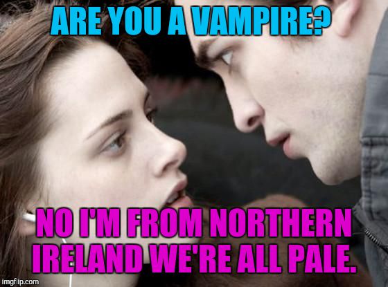 Twilight Nope | ARE YOU A VAMPIRE? NO I'M FROM NORTHERN IRELAND WE'RE ALL PALE. | image tagged in twilight nope | made w/ Imgflip meme maker