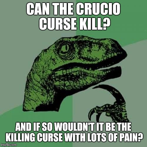 Philosoraptor | CAN THE CRUCIO CURSE KILL? AND IF SO WOULDN'T IT BE THE KILLING CURSE WITH LOTS OF PAIN? | image tagged in memes,philosoraptor | made w/ Imgflip meme maker