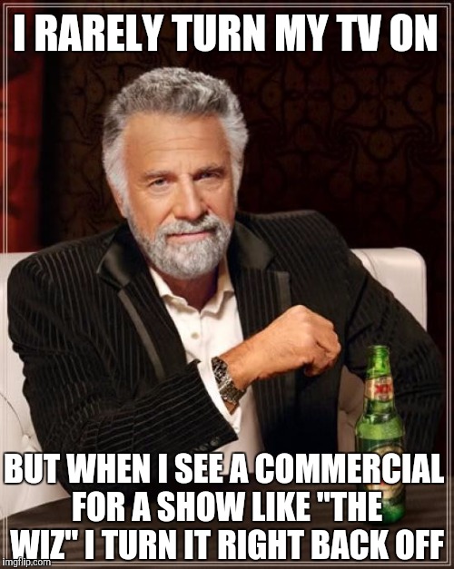 The Most Interesting Man In The World Meme | I RARELY TURN MY TV ON BUT WHEN I SEE A COMMERCIAL FOR A SHOW LIKE "THE WIZ" I TURN IT RIGHT BACK OFF | image tagged in memes,the most interesting man in the world | made w/ Imgflip meme maker