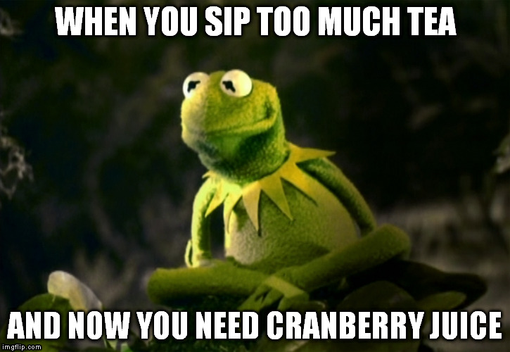 Kermit with a bladder infection | WHEN YOU SIP TOO MUCH TEA AND NOW YOU NEED CRANBERRY JUICE | image tagged in kermit,sick,bladder infection | made w/ Imgflip meme maker