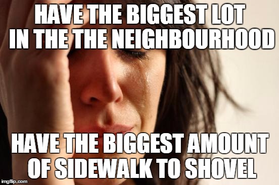 First World Problems Meme | HAVE THE BIGGEST LOT IN THE THE NEIGHBOURHOOD HAVE THE BIGGEST AMOUNT OF SIDEWALK TO SHOVEL | image tagged in memes,first world problems | made w/ Imgflip meme maker
