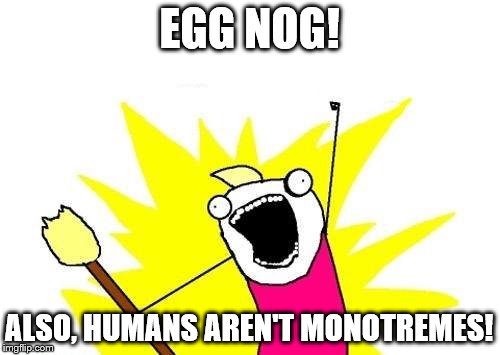 X All The Y Meme | EGG NOG! ALSO, HUMANS AREN'T MONOTREMES! | image tagged in memes,x all the y | made w/ Imgflip meme maker