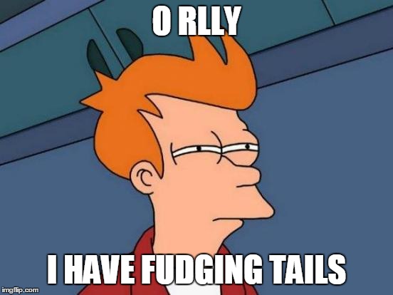 Futurama Fry Meme | O RLLY I HAVE FUDGING TAILS | image tagged in memes,futurama fry | made w/ Imgflip meme maker
