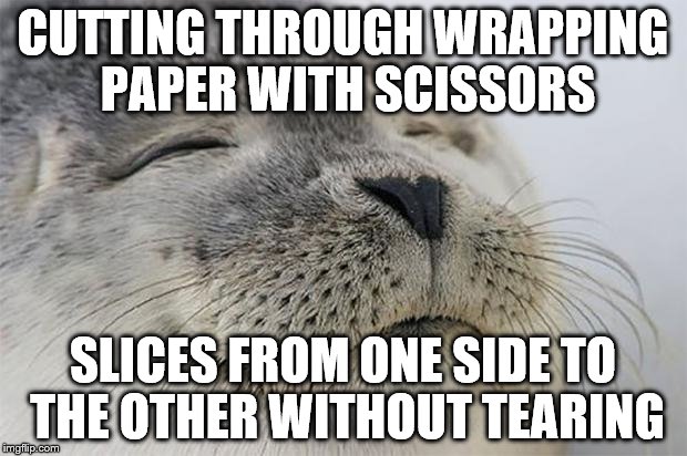 Satisfied Seal Meme | CUTTING THROUGH WRAPPING PAPER WITH SCISSORS SLICES FROM ONE SIDE TO THE OTHER WITHOUT TEARING | image tagged in memes,satisfied seal | made w/ Imgflip meme maker