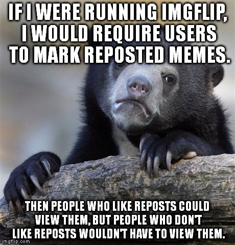 You'd mark it in the sam way as anonymous or NSFW. This would prevent a lot of comment wars. | IF I WERE RUNNING IMGFLIP, I WOULD REQUIRE USERS TO MARK REPOSTED MEMES. THEN PEOPLE WHO LIKE REPOSTS COULD VIEW THEM, BUT PEOPLE WHO DON'T  | image tagged in memes,confession bear | made w/ Imgflip meme maker