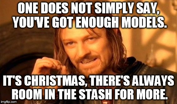 One Does Not Simply | ONE DOES NOT SIMPLY SAY, YOU'VE GOT ENOUGH MODELS. IT'S CHRISTMAS, THERE'S ALWAYS ROOM IN THE STASH FOR MORE. | image tagged in memes,one does not simply | made w/ Imgflip meme maker