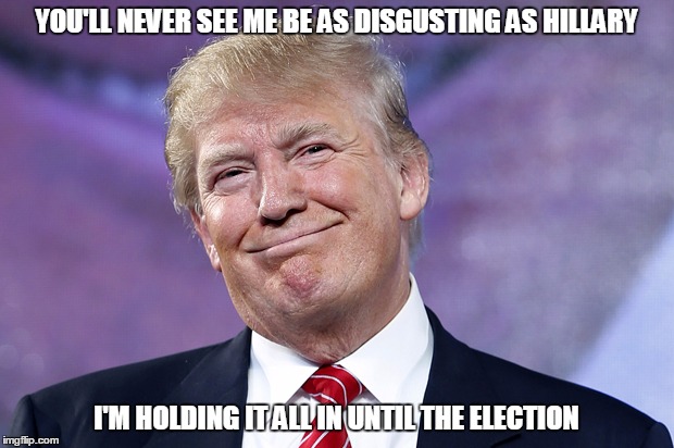 planning to blow a hole in a white house toilet | YOU'LL NEVER SEE ME BE AS DISGUSTING AS HILLARY I'M HOLDING IT ALL IN UNTIL THE ELECTION | image tagged in donald trump,hillary clinton,election 2016,politics | made w/ Imgflip meme maker