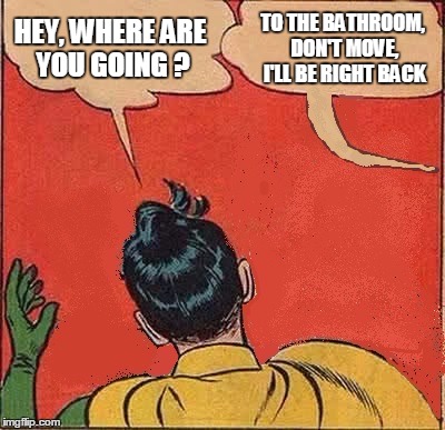 Potty break | HEY, WHERE ARE YOU GOING ? TO THE BATHROOM, DON'T MOVE, I'LL BE RIGHT BACK | image tagged in memes,batman slapping robin | made w/ Imgflip meme maker