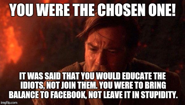 You Were The Chosen One (Star Wars) | YOU WERE THE CHOSEN ONE! IT WAS SAID THAT YOU WOULD EDUCATE THE IDIOTS, NOT JOIN THEM. YOU WERE TO BRING BALANCE TO FACEBOOK, NOT LEAVE IT I | image tagged in memes,you were the chosen one star wars,AdviceAnimals | made w/ Imgflip meme maker