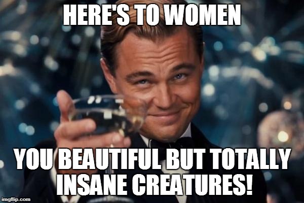 Leonardo Dicaprio Cheers | HERE'S TO WOMEN YOU BEAUTIFUL BUT TOTALLY INSANE CREATURES! | image tagged in memes,leonardo dicaprio cheers | made w/ Imgflip meme maker