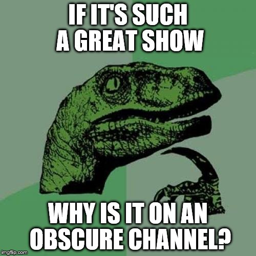 Philosoraptor | IF IT'S SUCH A GREAT SHOW WHY IS IT ON AN OBSCURE CHANNEL? | image tagged in memes,philosoraptor,tv | made w/ Imgflip meme maker