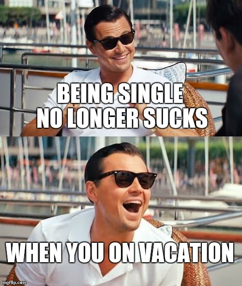 Leonardo Dicaprio Wolf Of Wall Street | BEING SINGLE NO LONGER SUCKS WHEN YOU ON VACATION | image tagged in memes,leonardo dicaprio wolf of wall street | made w/ Imgflip meme maker