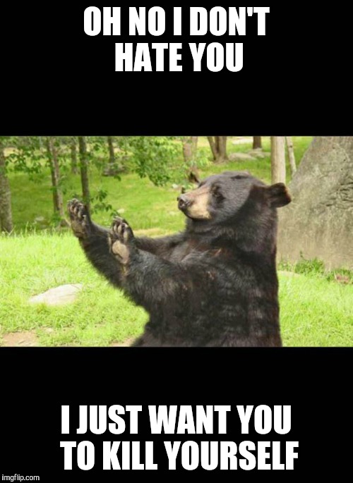 how about NO bear | OH NO I DON'T HATE YOU I JUST WANT YOU TO KILL YOURSELF | image tagged in how about no bear | made w/ Imgflip meme maker