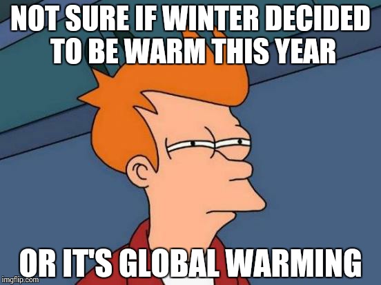 Futurama Fry | NOT SURE IF WINTER DECIDED TO BE WARM THIS YEAR OR IT'S GLOBAL WARMING | image tagged in memes,futurama fry | made w/ Imgflip meme maker