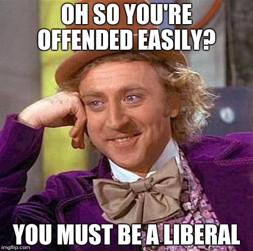 I feel like this is a repost  | OH SO YOU'RE OFFENDED EASILY? YOU MUST BE A LIBERAL | image tagged in memes,creepy condescending wonka | made w/ Imgflip meme maker