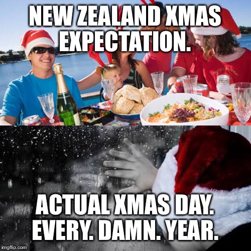 New Zealand Christmas expectations  | NEW ZEALAND XMAS EXPECTATION. ACTUAL XMAS DAY. EVERY. DAMN. YEAR. | image tagged in christmas,expectation vs reality | made w/ Imgflip meme maker