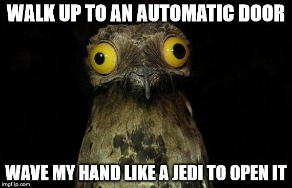 Weird Stuff I Do Potoo Meme | WALK UP TO AN AUTOMATIC DOOR WAVE MY HAND LIKE A JEDI TO OPEN IT | image tagged in memes,weird stuff i do potoo,AdviceAnimals | made w/ Imgflip meme maker
