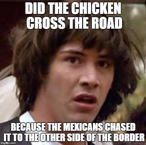 Conspiracy Keanu Meme | DID THE CHICKEN CROSS THE ROAD BECAUSE THE MEXICANS CHASED IT TO THE OTHER SIDE OF THE BORDER | image tagged in memes,conspiracy keanu | made w/ Imgflip meme maker