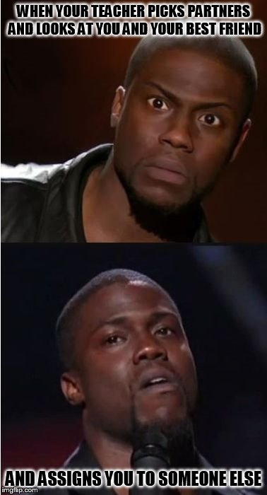 kevin hart reaction | WHEN YOUR TEACHER PICKS PARTNERS AND LOOKS AT YOU AND YOUR BEST FRIEND AND ASSIGNS YOU TO SOMEONE ELSE | image tagged in kevin hart reaction | made w/ Imgflip meme maker