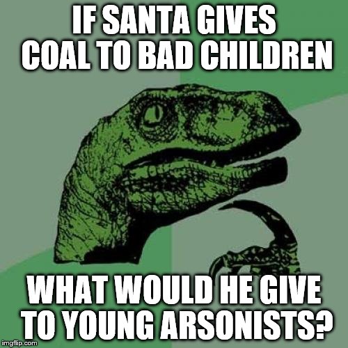 Philosoraptor Meme | IF SANTA GIVES COAL TO BAD CHILDREN WHAT WOULD HE GIVE TO YOUNG ARSONISTS? | image tagged in memes,philosoraptor | made w/ Imgflip meme maker