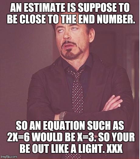 Face You Make Robert Downey Jr Meme | AN ESTIMATE IS SUPPOSE TO BE CLOSE TO THE END NUMBER. SO AN EQUATION SUCH AS 2X=6 WOULD BE X=3. SO YOUR BE OUT LIKE A LIGHT. XXX | image tagged in memes,face you make robert downey jr | made w/ Imgflip meme maker