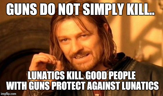 One Does Not Simply Meme | GUNS DO NOT SIMPLY KILL.. LUNATICS KILL. GOOD PEOPLE WITH GUNS PROTECT AGAINST LUNATICS | image tagged in memes,one does not simply | made w/ Imgflip meme maker