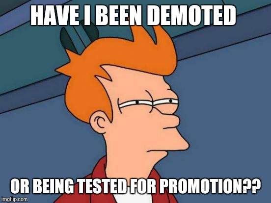 Futurama Fry Meme | HAVE I BEEN DEMOTED OR BEING TESTED FOR PROMOTION?? | image tagged in memes,futurama fry | made w/ Imgflip meme maker