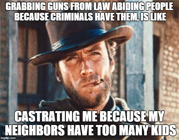 Clint Eastwood | GRABBING GUNS FROM LAW ABIDING PEOPLE BECAUSE CRIMINALS HAVE THEM, IS LIKE CASTRATING ME BECAUSE MY NEIGHBORS HAVE TOO MANY KIDS | image tagged in clint eastwood | made w/ Imgflip meme maker