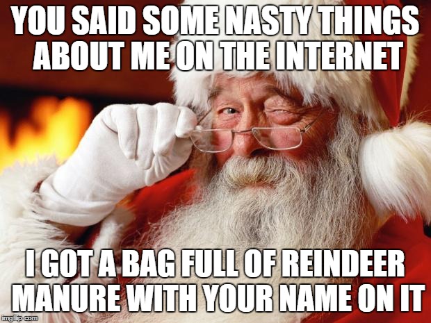 santa | YOU SAID SOME NASTY THINGS ABOUT ME ON THE INTERNET I GOT A BAG FULL OF REINDEER MANURE WITH YOUR NAME ON IT | image tagged in santa | made w/ Imgflip meme maker