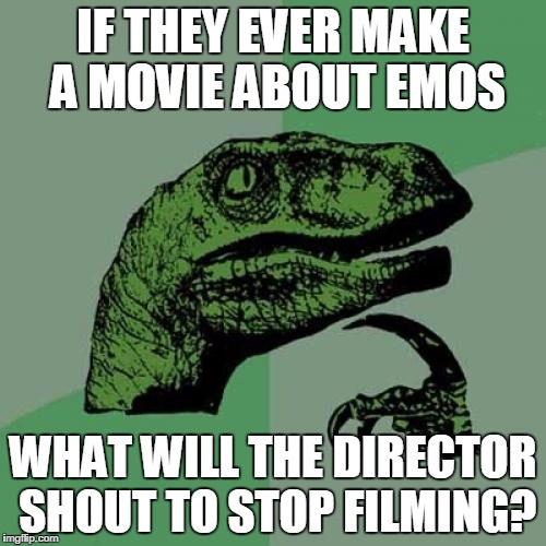 Philosoraptor | IF THEY EVER MAKE A MOVIE ABOUT EMOS WHAT WILL THE DIRECTOR SHOUT TO STOP FILMING? | image tagged in memes,philosoraptor | made w/ Imgflip meme maker
