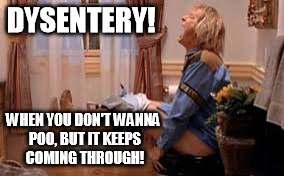 DUMP | DYSENTERY! WHEN YOU DON'T WANNA POO, BUT IT KEEPS COMING THROUGH! | image tagged in dumb and dumber | made w/ Imgflip meme maker