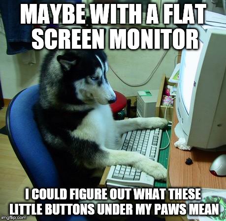 I Have No Idea What I Am Doing | MAYBE WITH A FLAT SCREEN MONITOR I COULD FIGURE OUT WHAT THESE LITTLE BUTTONS UNDER MY PAWS MEAN | image tagged in memes,i have no idea what i am doing | made w/ Imgflip meme maker