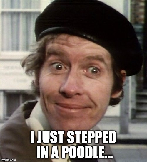 frank spencer | I JUST STEPPED IN A POODLE... | image tagged in frank spencer | made w/ Imgflip meme maker