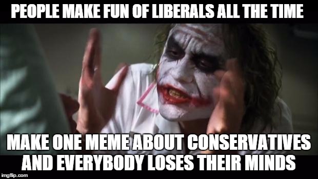 And everybody loses their minds Meme | PEOPLE MAKE FUN OF LIBERALS ALL THE TIME MAKE ONE MEME ABOUT CONSERVATIVES AND EVERYBODY LOSES THEIR MINDS | image tagged in memes,and everybody loses their minds | made w/ Imgflip meme maker