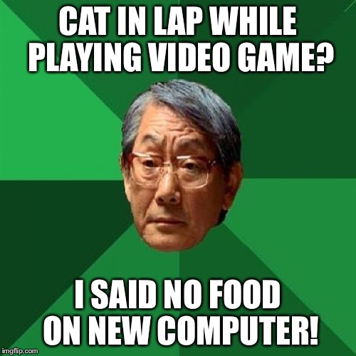 High Expectations Asian Father Meme | CAT IN LAP WHILE PLAYING VIDEO GAME? I SAID NO FOOD ON NEW COMPUTER! | image tagged in memes,high expectations asian father | made w/ Imgflip meme maker