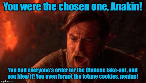 You Were The Chosen One (Star Wars) | You were the chosen one, Anakin! You had everyone's order for the Chinese take-out, and you blew it! You even forgot the fotune cookies, gen | image tagged in memes,you were the chosen one star wars | made w/ Imgflip meme maker