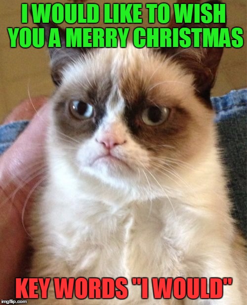 and his heart shrunk three sizes that day | I WOULD LIKE TO WISH YOU A MERRY CHRISTMAS KEY WORDS "I WOULD" | image tagged in memes,grumpy cat,christmas | made w/ Imgflip meme maker