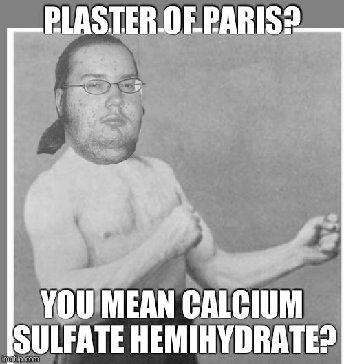 Overly nerdy nerd | PLASTER OF PARIS? YOU MEAN CALCIUM SULFATE HEMIHYDRATE? | image tagged in overly nerdy nerd | made w/ Imgflip meme maker