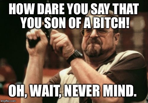 Am I The Only One Around Here Meme | HOW DARE YOU SAY THAT YOU SON OF A B**CH! OH, WAIT, NEVER MIND. | image tagged in memes,am i the only one around here | made w/ Imgflip meme maker