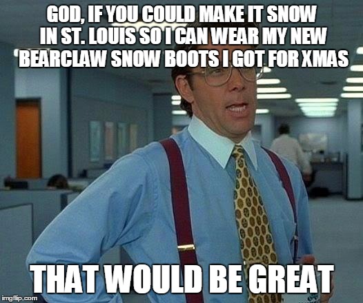 That Would Be Great | GOD, IF YOU COULD MAKE IT SNOW IN ST. LOUIS SO I CAN WEAR MY NEW BEARCLAW SNOW BOOTS I GOT FOR XMAS THAT WOULD BE GREAT | image tagged in memes,that would be great | made w/ Imgflip meme maker