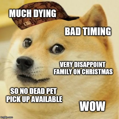 Doge Meme | MUCH DYING BAD TIMING VERY DISAPPOINT FAMILY ON CHRISTMAS SO NO DEAD PET PICK UP AVAILABLE WOW | image tagged in memes,doge,scumbag | made w/ Imgflip meme maker