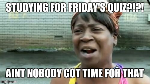 Ain't Nobody Got Time For That | STUDYING FOR FRIDAY'S QUIZ?!?! AINT NOBODY GOT TIME FOR THAT | image tagged in memes,aint nobody got time for that | made w/ Imgflip meme maker